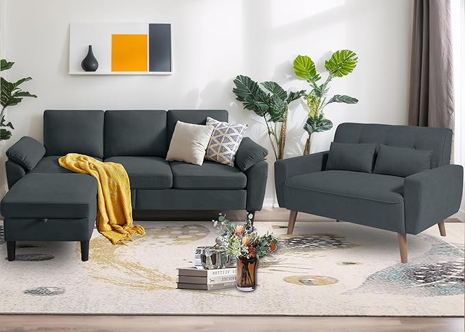 2 Piece Sofa Set Sectional Sofa Couches Set for Living Room 3 Seater &amp Loveseat Sofa with Deep Seats Couches Sets for Living Room/Bedroom/Office/Apartment(Dark Grey)