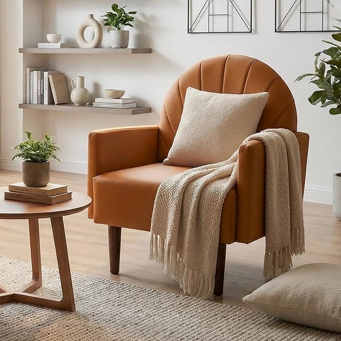 PU Accent Chairs for Living Room with High-Density Foam Cushion Mid-Century Single Sofa Armchair with Solid Wood Legs Upholstered Reading Chair for Bedroom Home Office (Shell Orange)