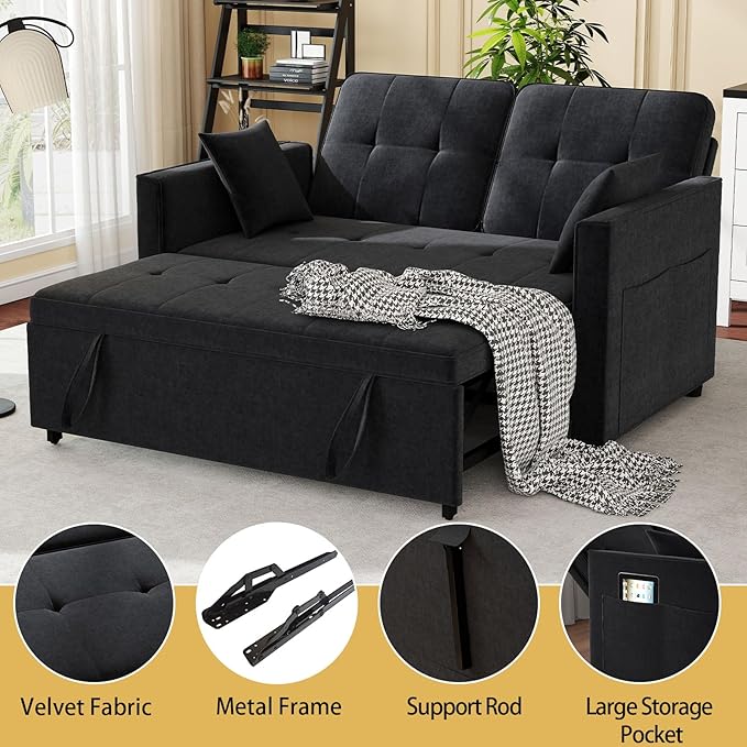 Black Convertible Sofa Bed: 3 in 1 Sleeper Sofa Couch Bed Pull Out Couch with Adjustable Backrest Velvet Convertible Loveseat Sleeper for Living Room