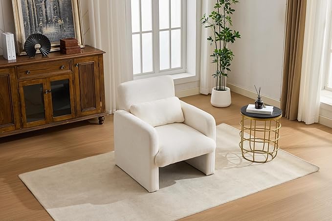 GDFStudio 30 Modern Accent Chair Upgrade Leisure Boucle Upholstered Armchair with Straight Arms and Waist Pillow Comfy Single Sofa Chair for Living Room Bedroom Office Apartment Ancient White