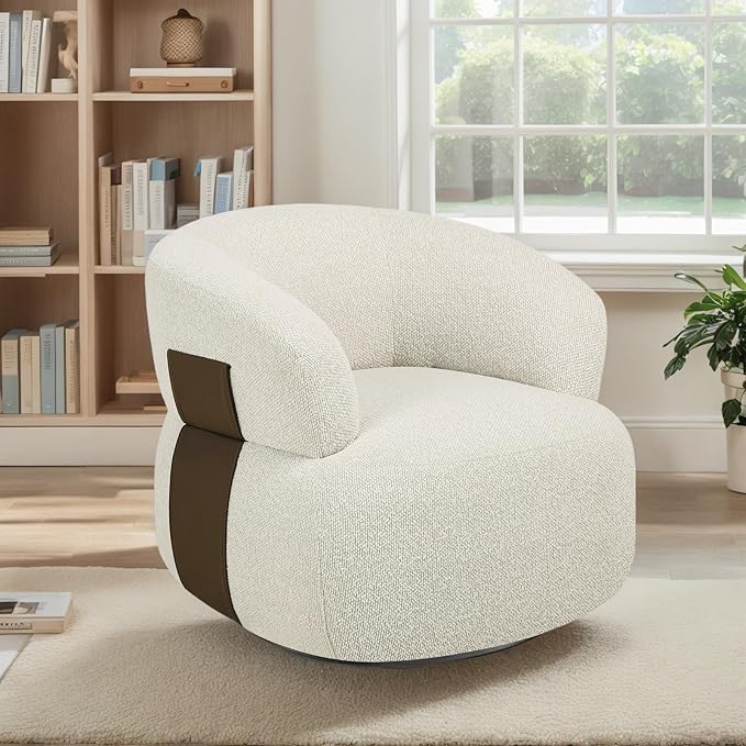 Swivel Barrel Accent Chairs-Modern Round Club Arm Chair Upholstered Living Room Armchair Single Sofa Seating Bedroom Side Reading Seat for Living Roon Office (Beige-Chenille 1*Seat)