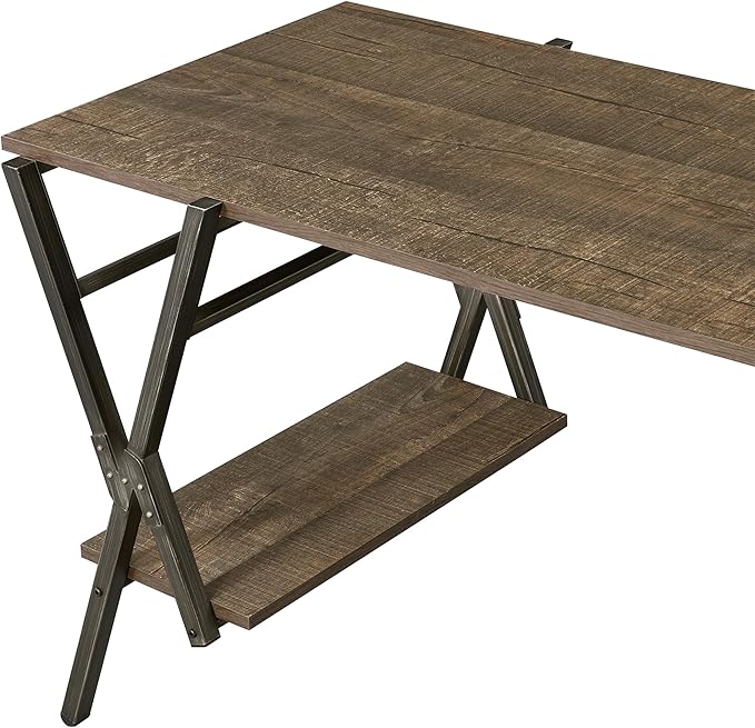 24/7 Shop at Home Hoyte Farmhouse 2 Shelves Metal Writing Desk with USB Port Power Outlet for Workstation Home Office Study Room Rustic Brown and Gun Metal