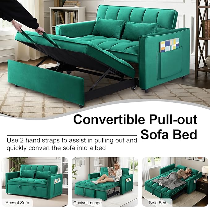 3 in 1 Convertible Sofa Bed Pull Out Couch with Adjustable Backrest Velvet Sleeper Sofa Loveseat with Pillows and Side Pockets for Living Room Bedroom Apartment Green