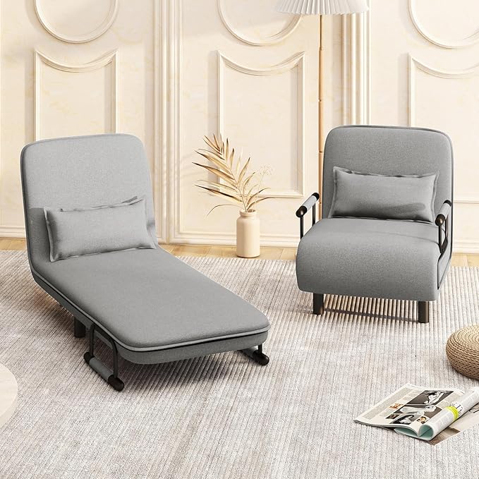 Giantex 26.5 Convertible Sofa Bed Folding Arm Chair Sleeper Leisure Recliner Lounge Couch (Light Gray)