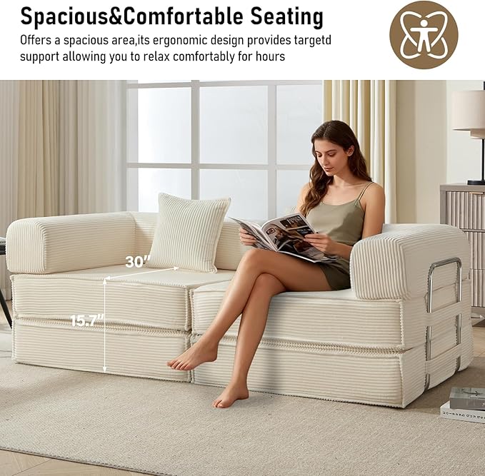 78 Convertible Sleeper Sofa Bed Modular Corduroy Couch with 2 Pillows Compressed Floor Sofa for Living Room Bedroom (Beige)