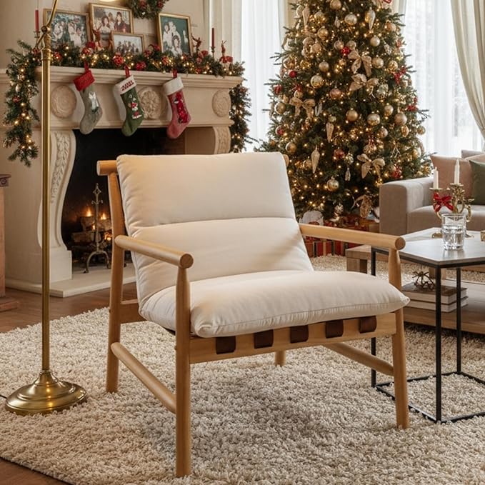 Modern Accent Chair Upholstered Armchair - Solid Wood Lounge Chair with Removable Cushion Low Back Reading Chair for Living Room/Bedroom/Balcony Chenille Sofa Chair (Easy Assembly)Off White