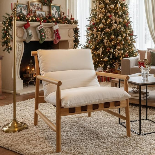 Modern Accent Chair Upholstered Armchair - Solid Wood Lounge Chair with Removable Cushion Low Back Reading Chair for Living Room/Bedroom/Balcony Chenille Sofa Chair (Easy Assembly)Off White