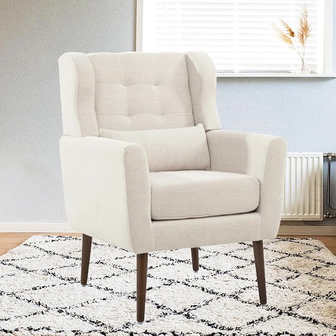 Accent Arm ChairsUpholstered Armchair for Living Room with PillowChenille Single Sofa Chairs with ArmsModern Comfy Reading Chair for BedroomSmall Spaces (Beige Set of 1)