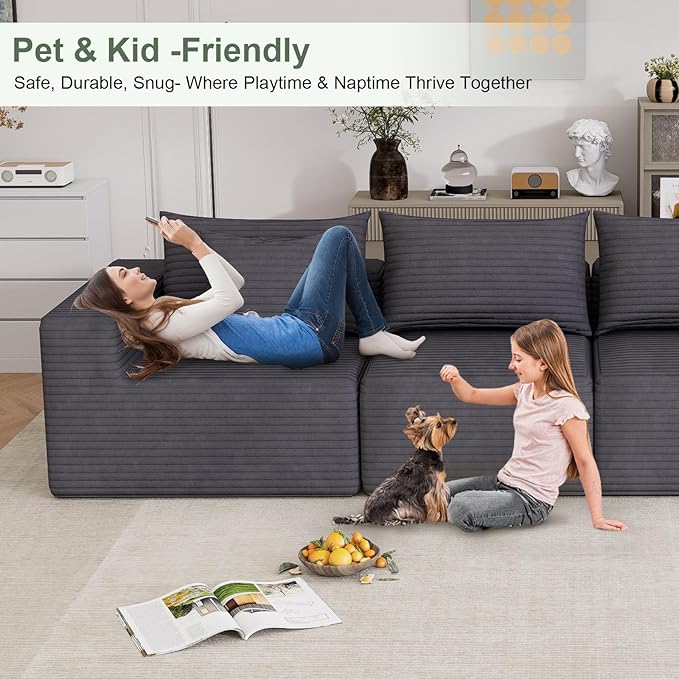 Oversized Cloud Modular Sofa – Deep Seat Corduroy Couch with Pillows No Assembly Convertible &amp Customizable Design Soft All-Foam Comfort for Living Room &amp Bedroom (Gray Loveseat)
