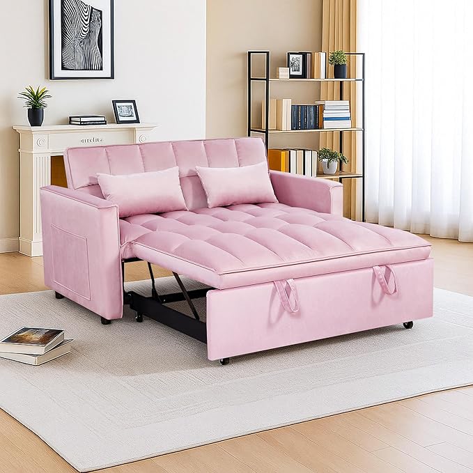 3 in 1 Convertible Sleeper Sofa BedFuton Loveseat Couch with Pull-Out Bed &amp Adjustable BackrestVelvet Fabric Sofa with Side Pocket for Small Apartment Living Room Office