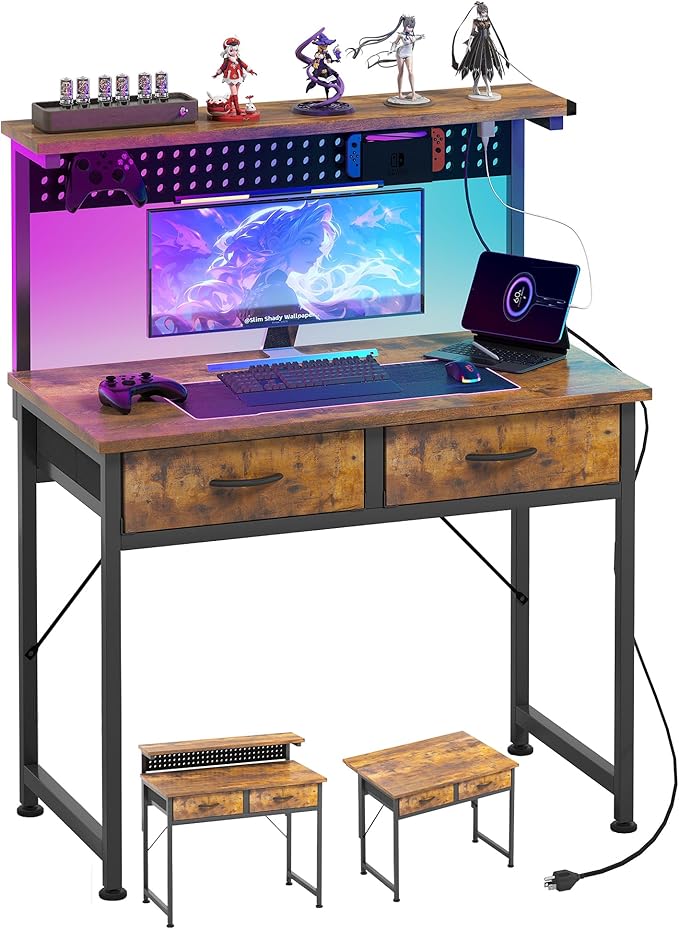 MUTUN Small Desk with Drawers 31 Inch Computer Desk with Power Outlet &amp LED Light Gaming Desk with Adjustable Monitor Stand &amp Pegboard Modern PC Study Writing Table for Bedroom Rustic Brow