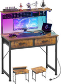 MUTUN Small Desk with Drawers 31 Inch Computer Desk with Power Outlet &amp LED Light Gaming Desk with Adjustable Monitor Stand &amp Pegboard Modern PC Study Writing Table for Bedroom Rustic Brow