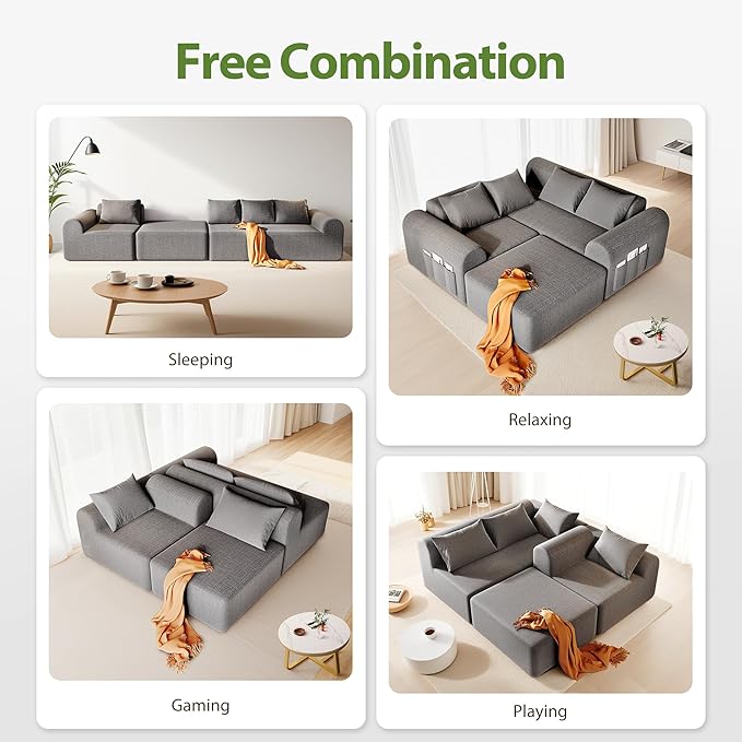 Decofy105.5 Modular Sofa Modern Boneless Sectional Sofa with Footstool No Assembly Required Extra-deep Chenille Fabric Seat L-Shaped Chaise Lounge Sofa Suitable for Living Room (Light Gray)