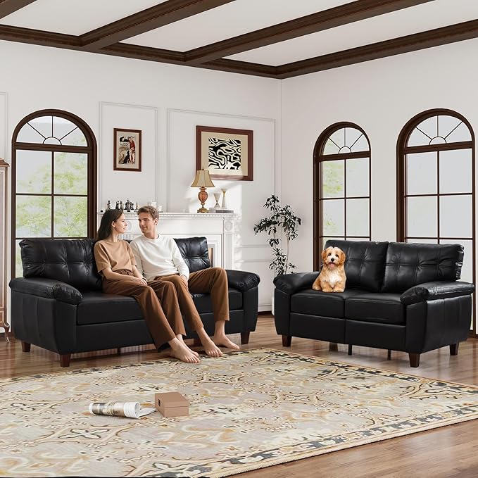 Faux Leather Sofa Couch and Loveseat Sets with Hidden Storage &amp Tufted Backrest Mid Century Modern Couch Deep Seat Comfy Chesterfield Sofa for Living Room Office(Loveseat + 3 Seater Sofa Black