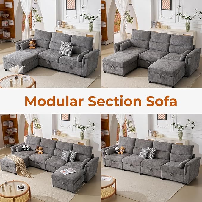 103'' L Shaped Couch Cloud Modular Sectional Sofa with Storage Extra Deep Seat Modern Chenille Sofa with Chaise Throw Pillows 4 Seat Convertible Sectional Couches for Living Room Grey