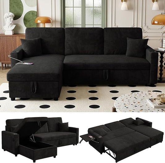 Sectional Sleeper Sofa with Pull Out Couch Bed 83.46 L Shaped Couch with Storage Chaise and Pillows Convertible Corduroy Cloud Sofa with USB Type-C &amp Hide Desktop &amp Cup Holder &amp Side Po