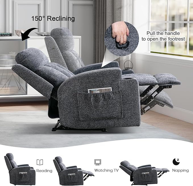 CANMOV Manual Massage Heat Recliner Chair Set of 3 Soft Fabric Recliner Chair with Overstuffed Arm and Back Manual Reclining Single Sofa with 2 Cup Holders Side Pocket for Living Room Dark Grey