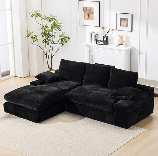 98.4 Black Sectional Sofa Cloud Modular Sectional Couch with ChaiseCorduroy Sectional Couches L-Shaped Modern Upholstered Sofa with Deep Seat for Living Room and BedroomNo Assembly Required(Black)