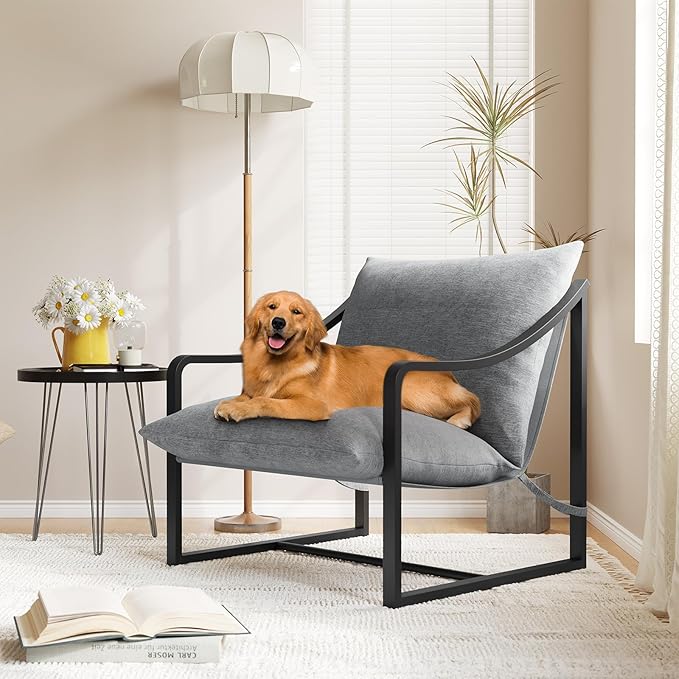 IDEALHOUSE Mid-Century Modern Sling Accent Chair Comfy Fabric Living Room Chairs with Heavy Duty Metal Frame Lounge Reading Armchair for Living Room Bedroom Easy Assembly Grey