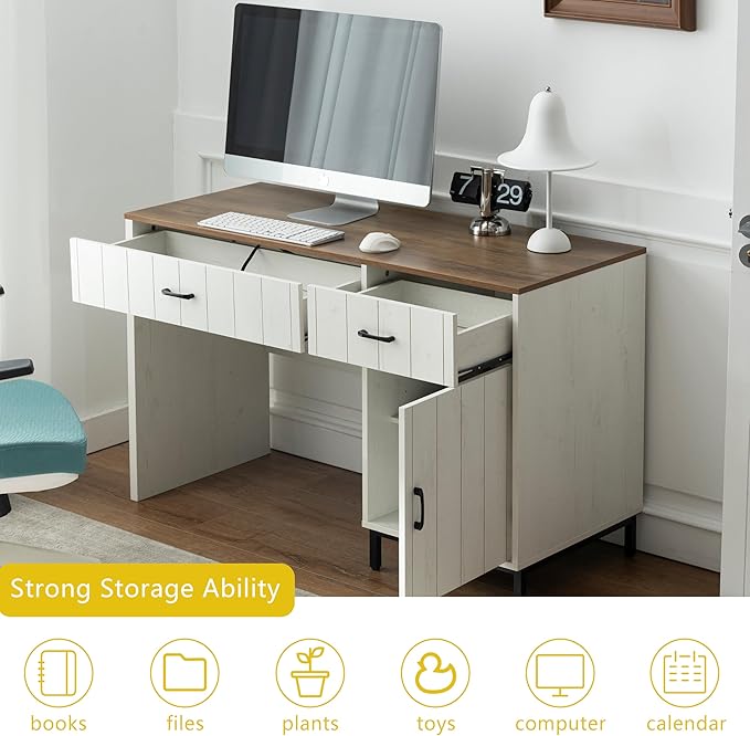 Farmhouse 47 Executive Desk Home Office Desk with File Drawer and Power Outlet Computer Desk with 2 Drawers and 1 Storage Cabinet Workstation for Office Home (White)