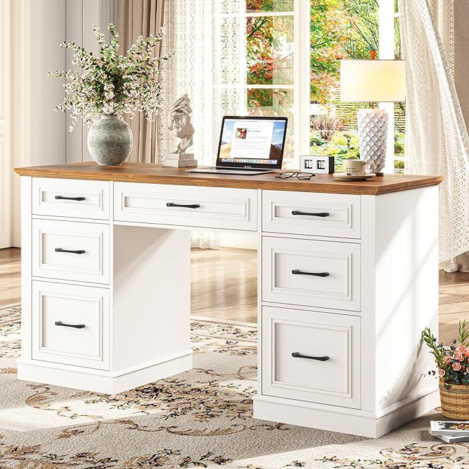 Vabches Farmhouse 59'' Executive Desk with File DrawersLarge Wood Home Office Workstation with Ample StorageRustic Writing Desk for Study.