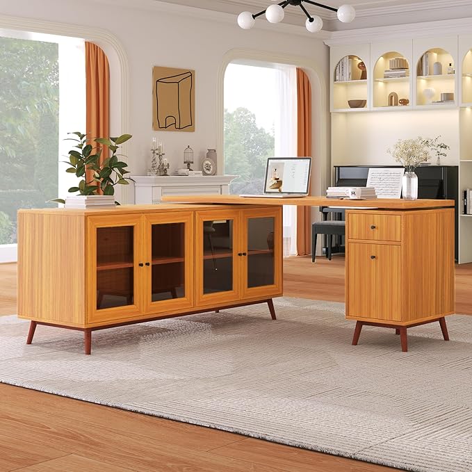 66.5 Modern L-Shaped Executive Desk with Delicate Tempered Glass Cabinet StorageLarge Office Desk with DrawersBusiness Furniture Desk Workstation for Home Office