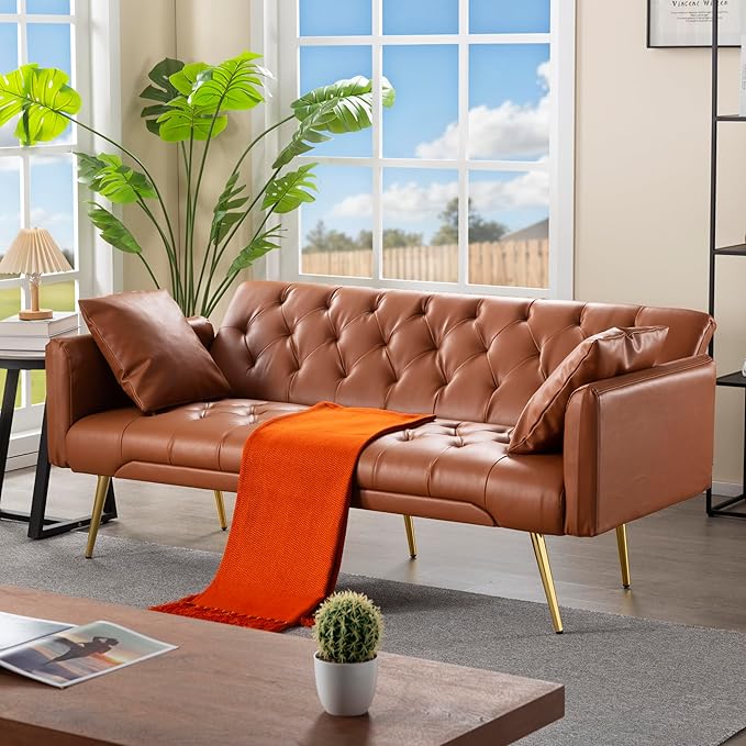 68” Convertible Futon Couch BedFoldable Loveseat Sleeper with Adjustable BackrestSofa Bed with 2 Pillows and Armrest for Living Room (Brown)