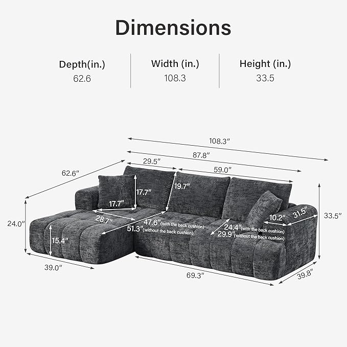 108 Luxury L-Shaped Sectional Sofa 4-Seater Modular Cloud Couch with Pillows Chenille Upholstered Full Foam Floor Sofa for Living Room No Assembly Dark Grey