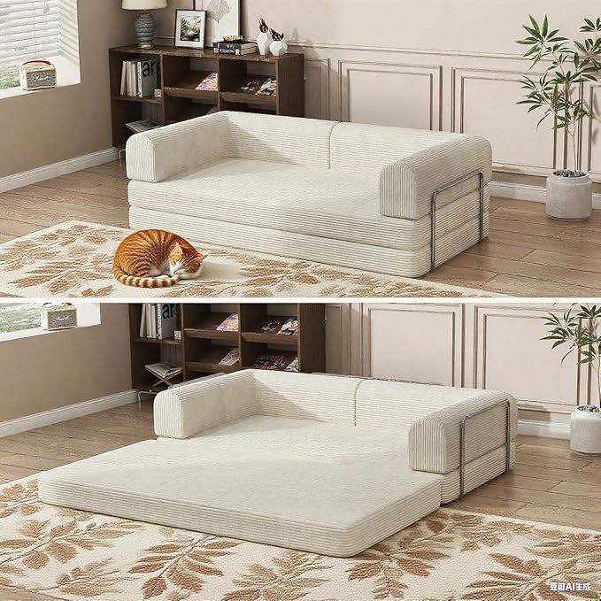 Convertible Corduroy Sleeper Sofa BedFolding Mattress Couch with Fixed-Shape Frame 3 Seater Fold Out King Size FutonNo Assembly Floor Couch for Living Room Dorm Studio 78.7*39.4*29.6 Inch Beige