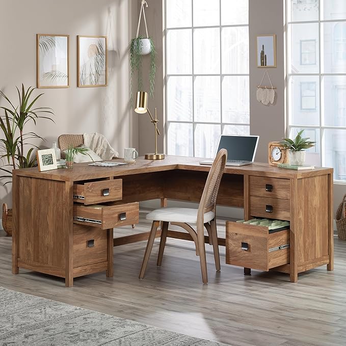 Sauder Cannery Bridge L-Shaped Desk with 6 Storage Drawers Sindoori Mango Finish
