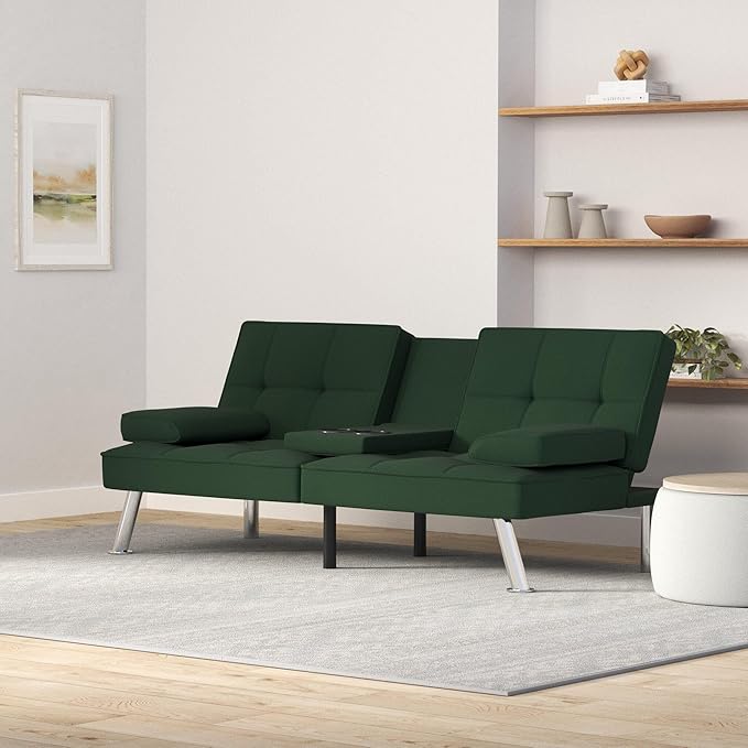 Best Choice Products Linen Modern Folding Futon Reclining Sofa Bed for Apartment Dorm w/Removable Armrests 2 Cupholders - Dark Green