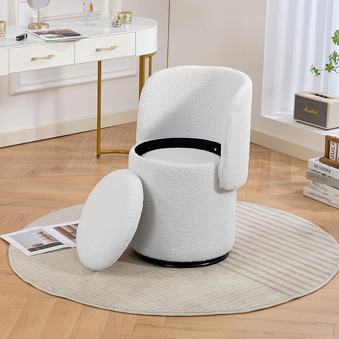 Round Vanity Chair with Storage &amp Cat Bed Stool Upholstered Small Swivel Accent Chair with Hidden Storage Makeup Barrel Chair for Bedroom Living Room (Teddy)