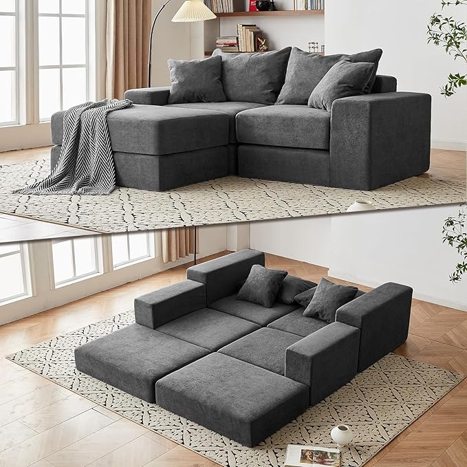 Modular Sectional Loveaeat Cloud Sofa Boneless Couch with Non Slip Base Cozy Sleeper Sofa for Customizable Living Spaces Modern Modular Couch with L-Shape Chaise Deep Seat &amp No Assembly Grey