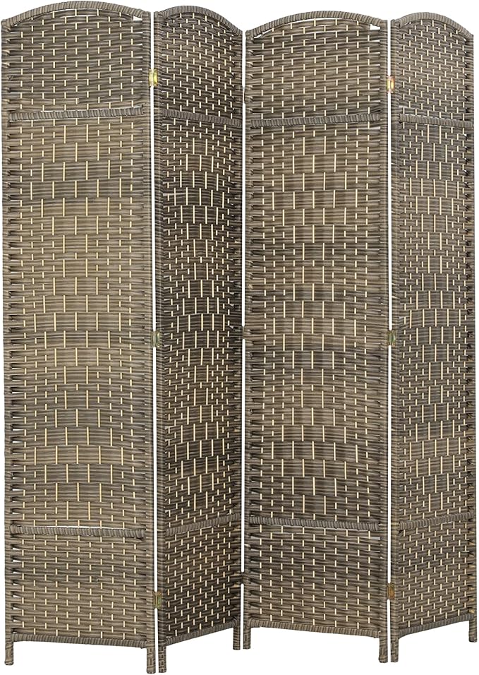 HOMCOM Room Divider 6 Ft 4 Panel Folding Privacy Screen Hand-Woven PP Wall Partition with Pine Wood Frame Freestanding Room Separator for Bedroom Home Office No Assembly Dark Rustic Oak