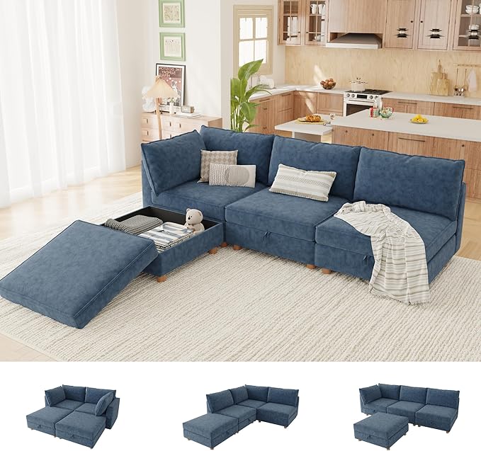 93'' Modular Sectional SofaFSC Certified 4 Seater Sectional SofaChenille Couch with Removable Washable CoversModern Couch with OttomanU Shaped Couch with StorageBlue Couches for Living Room