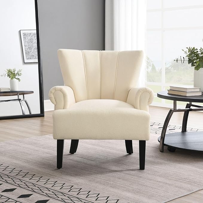 Modern Accent Living Room ChairsPolyester Armchair Club Chair with Channel Back Accent Chair for Living Room Bedroom Reading Room Soft Fabric Wooden Leg (Beige)