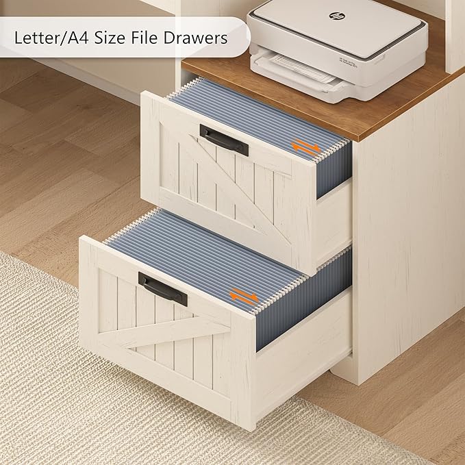 TVU Farmhouse L Shaped Desk with Drawers 62.2 Home Office Desk with Storage Shelves and Power Outlet L Shaped Computer Desk with Monitor Stand and Printer Shelf Brown and White