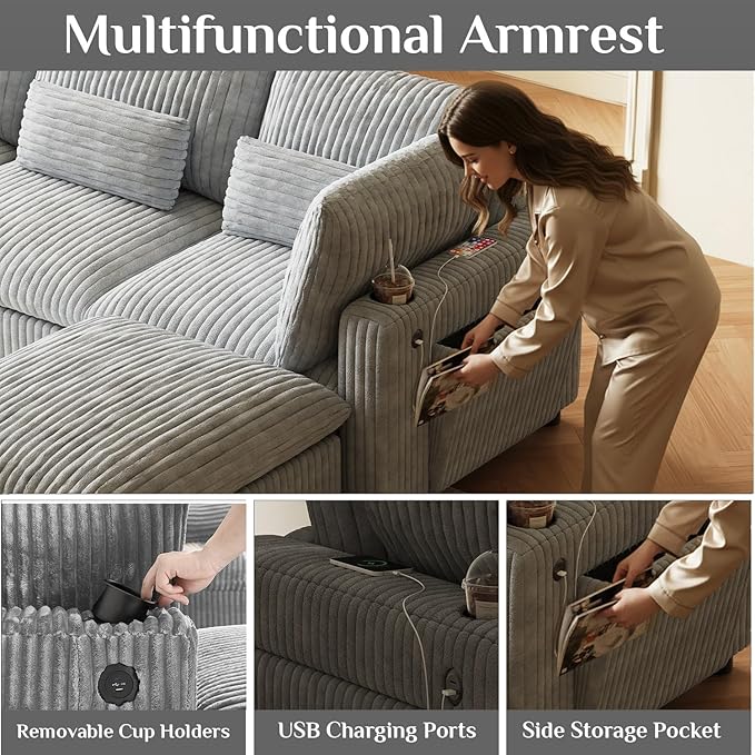 130 Oversized Cloud Couch Large Modular Sectional Sofa Modern U Shaped Sectional Couch 6 Deep Seat Sofa Set for Living Room Comfy Plush Corduroy Cloud Sofa with Ottoman USB Port Cup Holder Gray