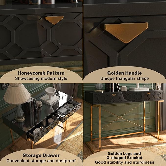 Clihome 42'' Home Office Desks Modern Writing Desk with Drawers Modern Simple Desk with Golden Legs and X-Shaped Bracket
