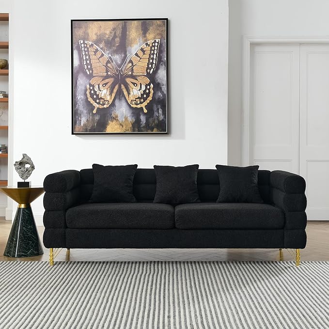 Modern Sofa Couch 81 W Teddy Bouclé Oversized Loveseat Cloud Sofa Upholstered Tufted Comfy Deep Seat Couch with Gold Legs &amp Pillows for Living Room Bedroom Office Apartment((3 Seater Black)