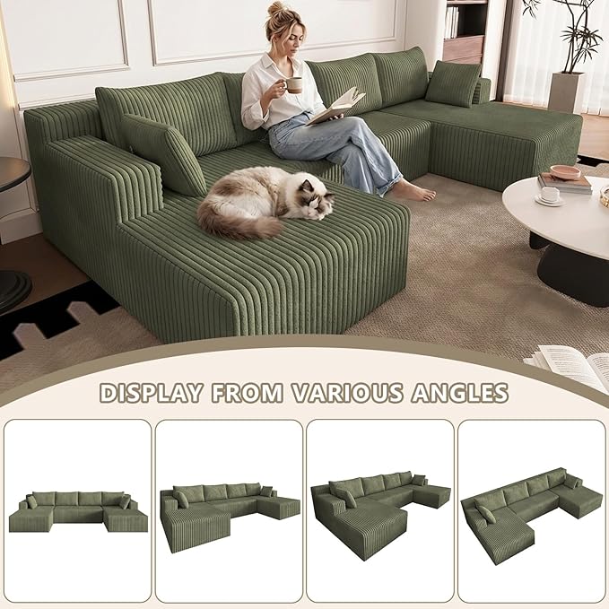 124 U Shaped Cloud Couch Sectional Corduroy Upholstered 4-Seater Cloud Couches for Living Room Deep Seat Modular Boneless Sofa with Lounge Chaise No Assembly Required Green