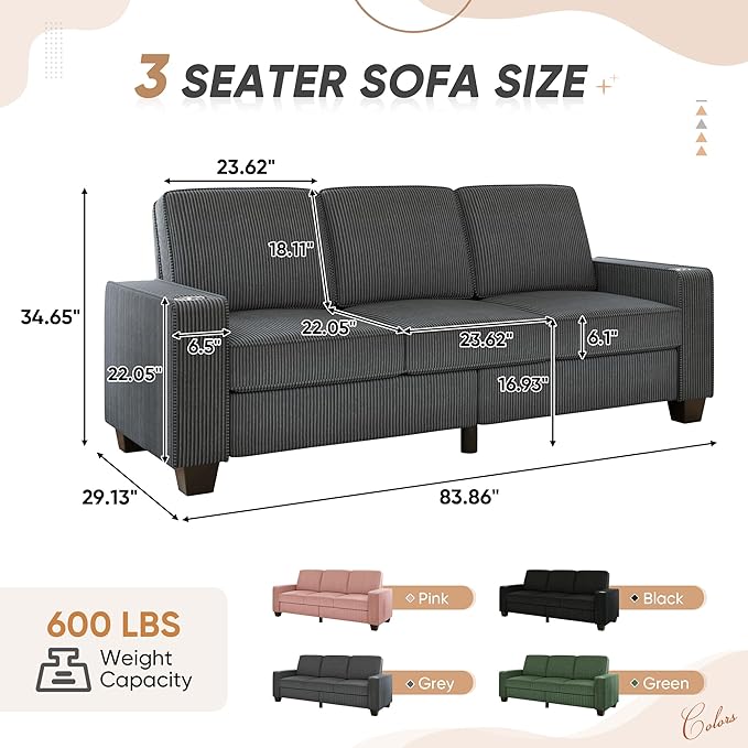 83.86 Corduroy 3-Seater Sofa with Extra Deep Seat Modern Cloud Couch with 2 Cup Holders Comfy Upholstered Sofa for Living Room Apartment &amp Office Grey