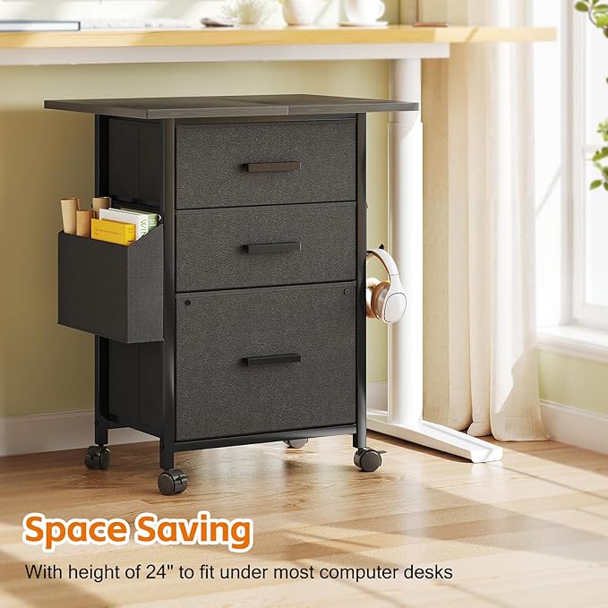 Mexin 3 Drawer File Cabinet with 24'' Extended Desktop Mobile Filing Cabinet Printer Stand Rolling Printer Stand with Side Bag Fabric Drawer Fits A4 Size Home Office Black