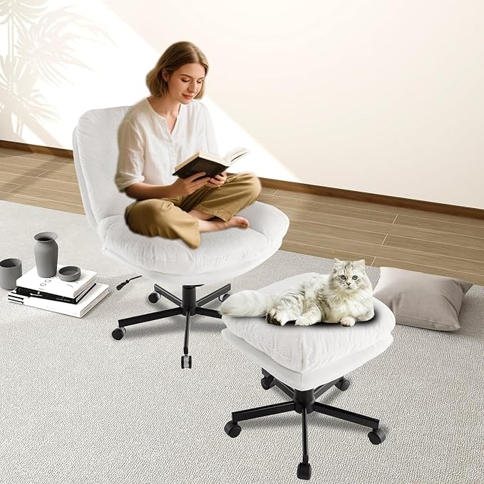 Oversized Swivel Accent Chairs with Ottoman for Living Room Bedroom Extra Wide Rocking Swivel Criss Cross Chair with WheelsWhite