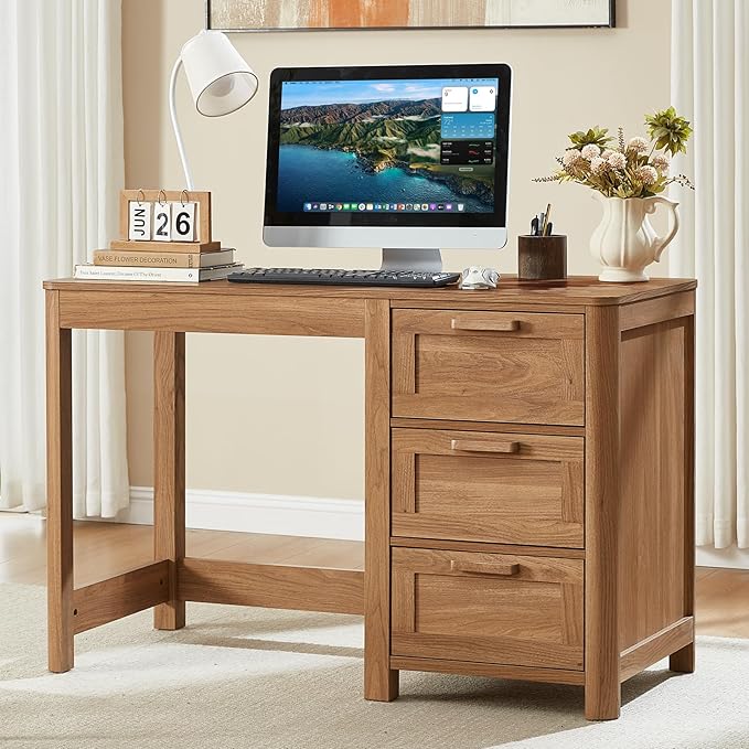 Office Desk 48 with 3 Drawers Storage File Cabinet Wood Farmhouse Desk for Computer Office Bedroom Home Furniture Brown