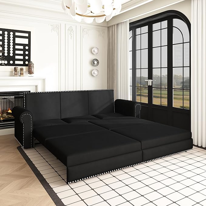 93.7 King Pull Out Sofa Bed Velvet Sleeper Sofa Couch 3 in 1 Convertible Futon Couches for Living Room Small Space Apartment Office Bedroom Modern Rivet Armrest Black