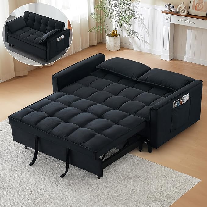 3 in 1 Convertible Sleeper Sofa Bed Modern Velvet Loveseat Pull-Out Couch Futon Love Seat Lounge Sofa with Pull-Out Bed &amp Adjustable Backrest and Side Pocket for Small Apartment Bedroom