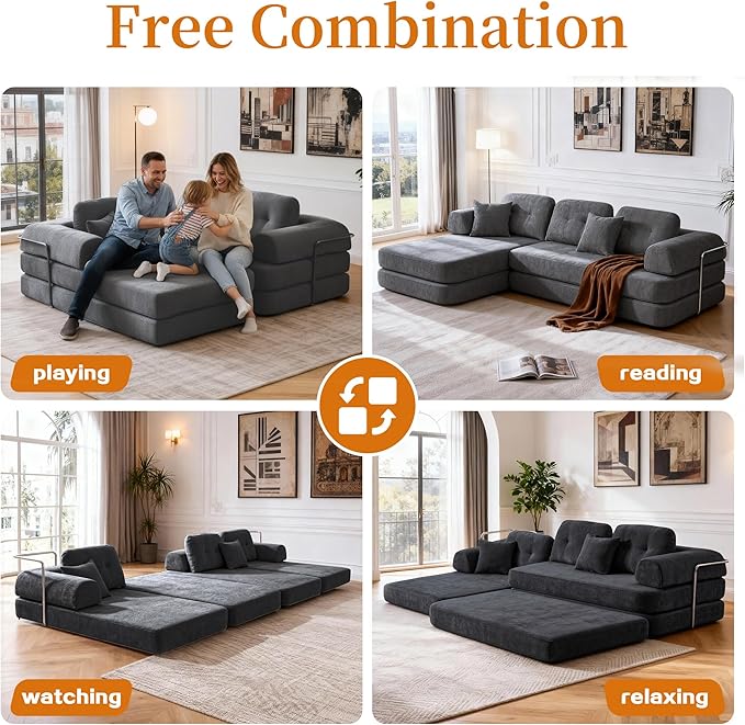 104 Modular Sectional Sofa Boneless Couch for Living RoomL-Shape Modular Sofa Bed with Fixed-Shape FrameFolding Floor Convertible Sofa Couch Bed with Reversible Chaise