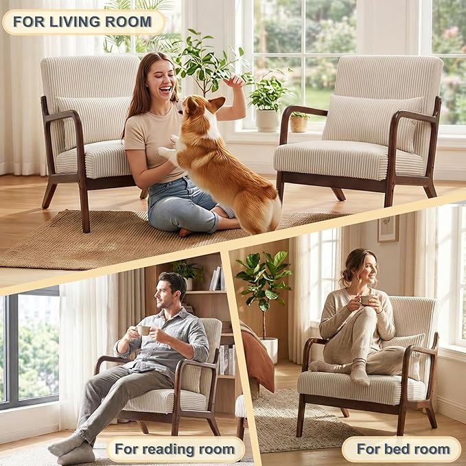 Mid Century Modern Accent Chair Upholstered Corduroy Armchair with Lumbar Pillow Solid Rubberwood Frame for Living Room Bedroom Waiting Room White