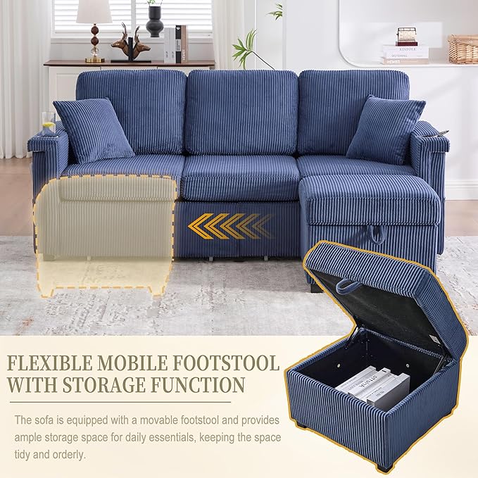 KEIKI 76 L-Shaped Modular Corduroy Sectional Sofa with Pull-Out Bed &amp 1 Movable Storage Ottoman &amp 2 Cup Holder &amp USB Convertible 4-Seater Sleeper Couch Bed Easy Assembly for Living Roo